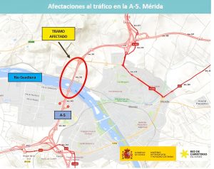 Afectaciones al tráfico en la A-5 en Mérida por las obras en los viaductos sobre el Guadiana