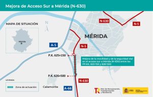 Mitma somete a información pública el proyecto de mejora de la seguridad y la movilidad en el acceso sur a Mérida por la carretera N-630