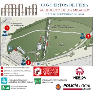 Los Conciertos de Feria en el Acueducto de los Milagros contarán con tres puntos de control de acceso y estará prohibida la entrada con envases de vidrio
